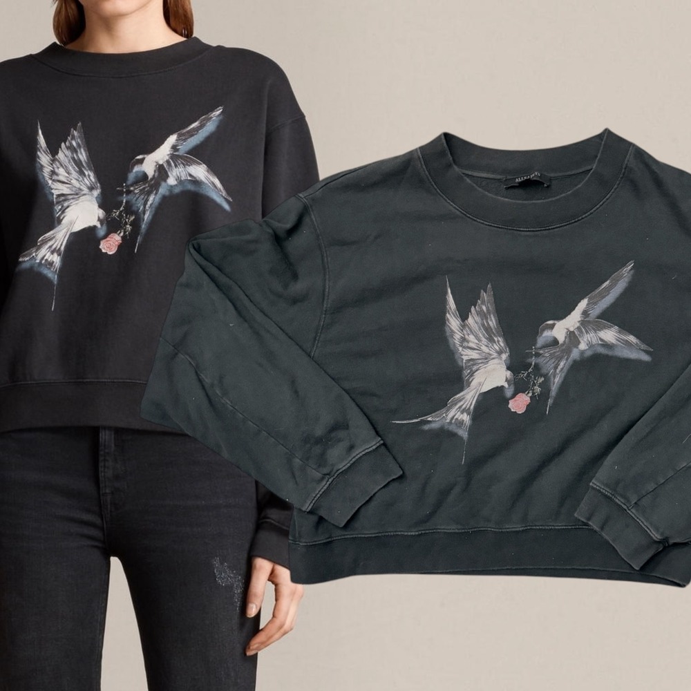 AllSaints Sweatshirt Birds Rose Graphic Faded Black Large